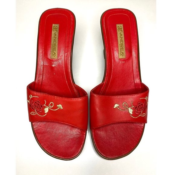 Andrea Coleccion Y2K Mid-Heel Mules Red Embroidered Flowers size 7 - Picture 3 of 6